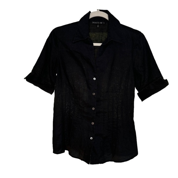 LAFAYETTE 148 Black Linen Button Down Short Sleeve Top Size 4 - Picture 1 of 4